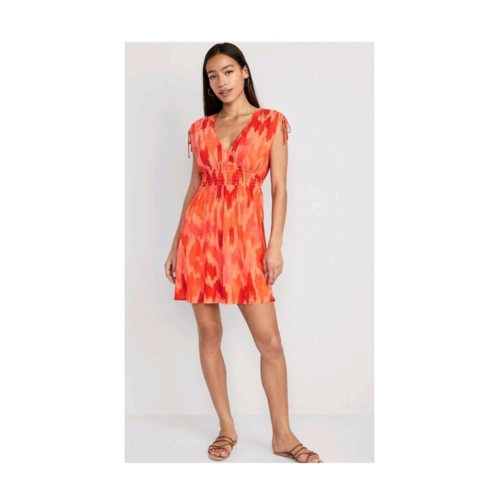 Old Navy‎ Waist-Defined Sleeveless Smocked Mesh Mini Dress Women's M Orange Boho
